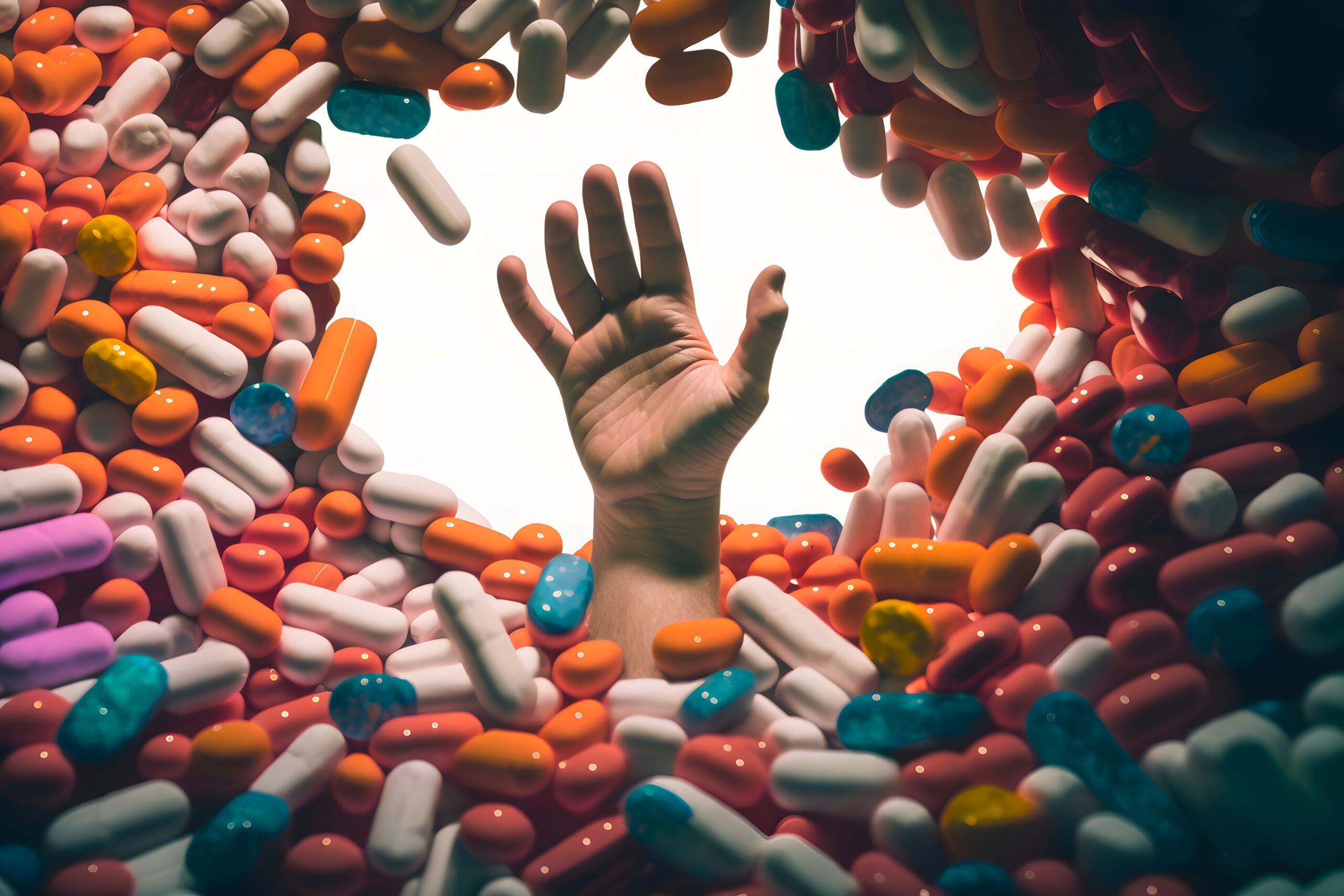 Hand reaching through a pile of pills symbolizing the struggle of addiction, highlighting the need for Xanax Rehab in Nashville, TN.